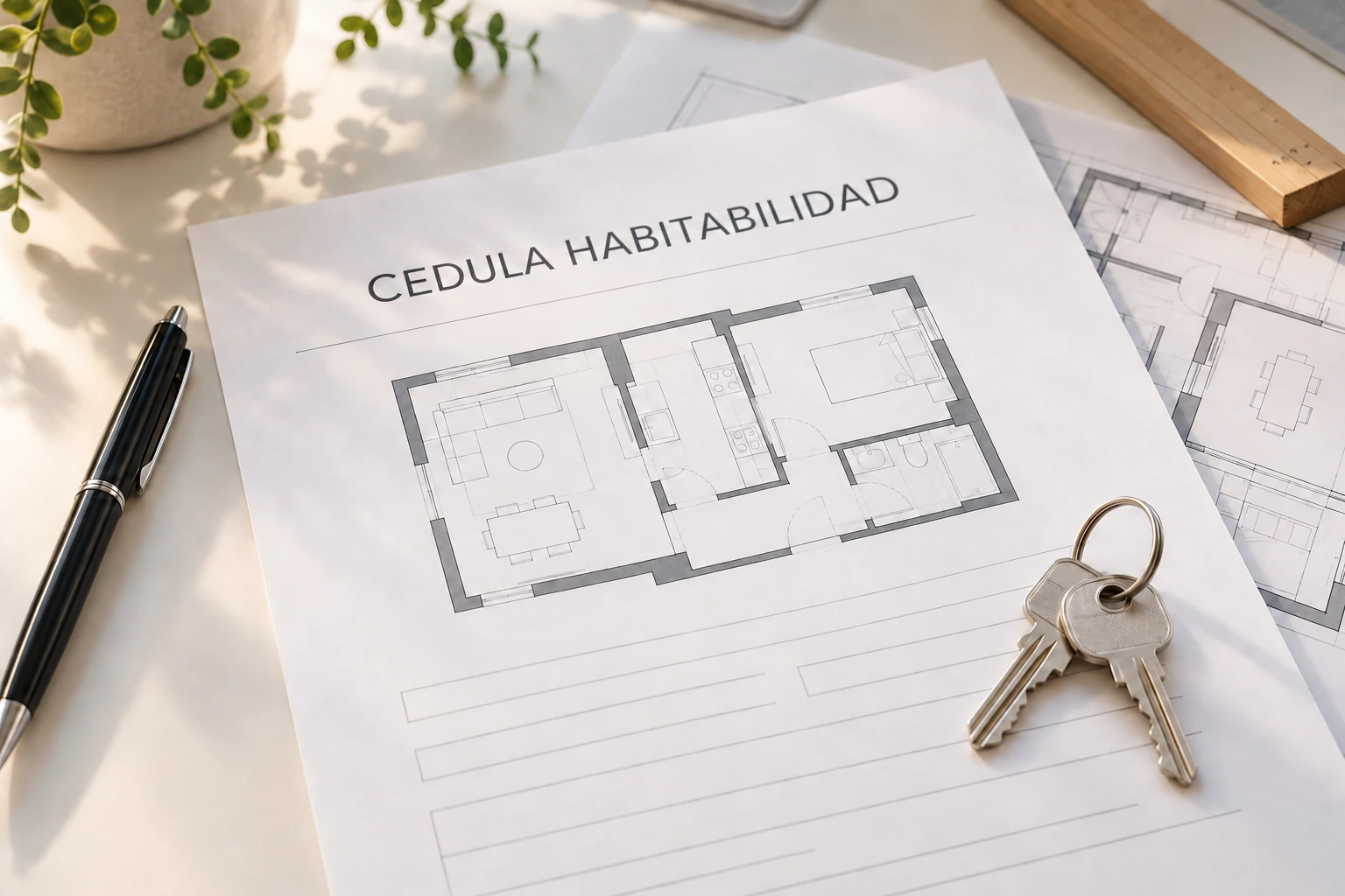 Document de cèdula d'habitabilitat amb plànol i claus